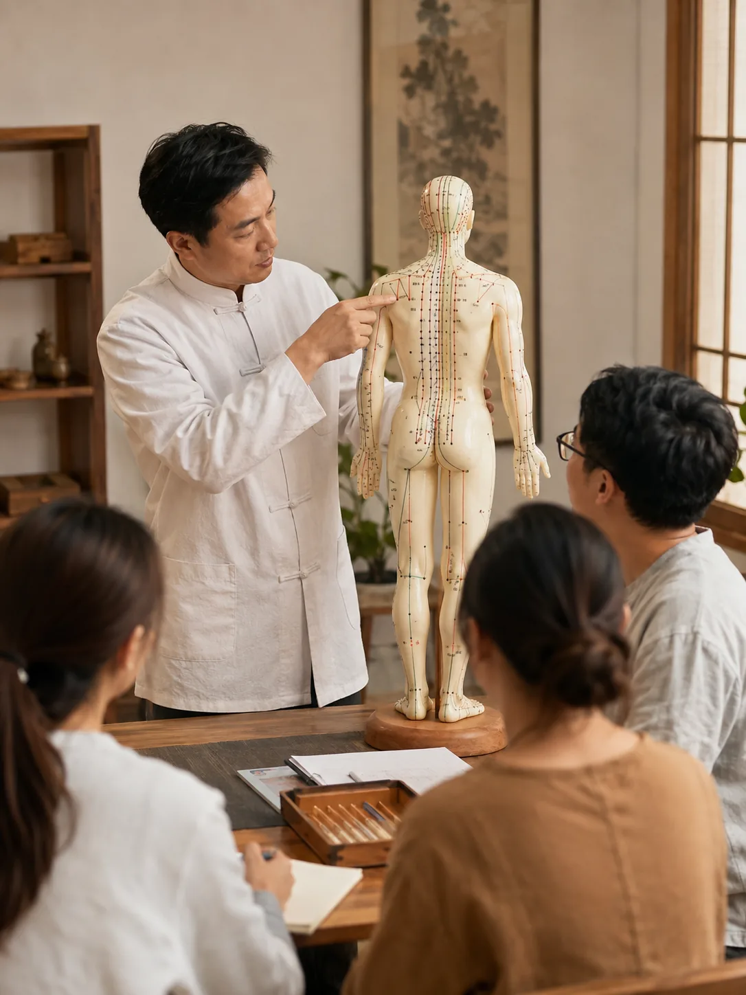 Instructor de medicina china enseñando localización de puntos de acupuntura a un grupo de estudiantes.